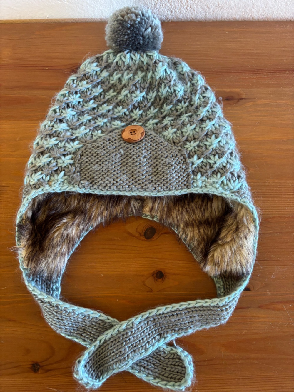 Pistil Mint Green and Gray Knit Faux-Fur Earflap Pom Hat